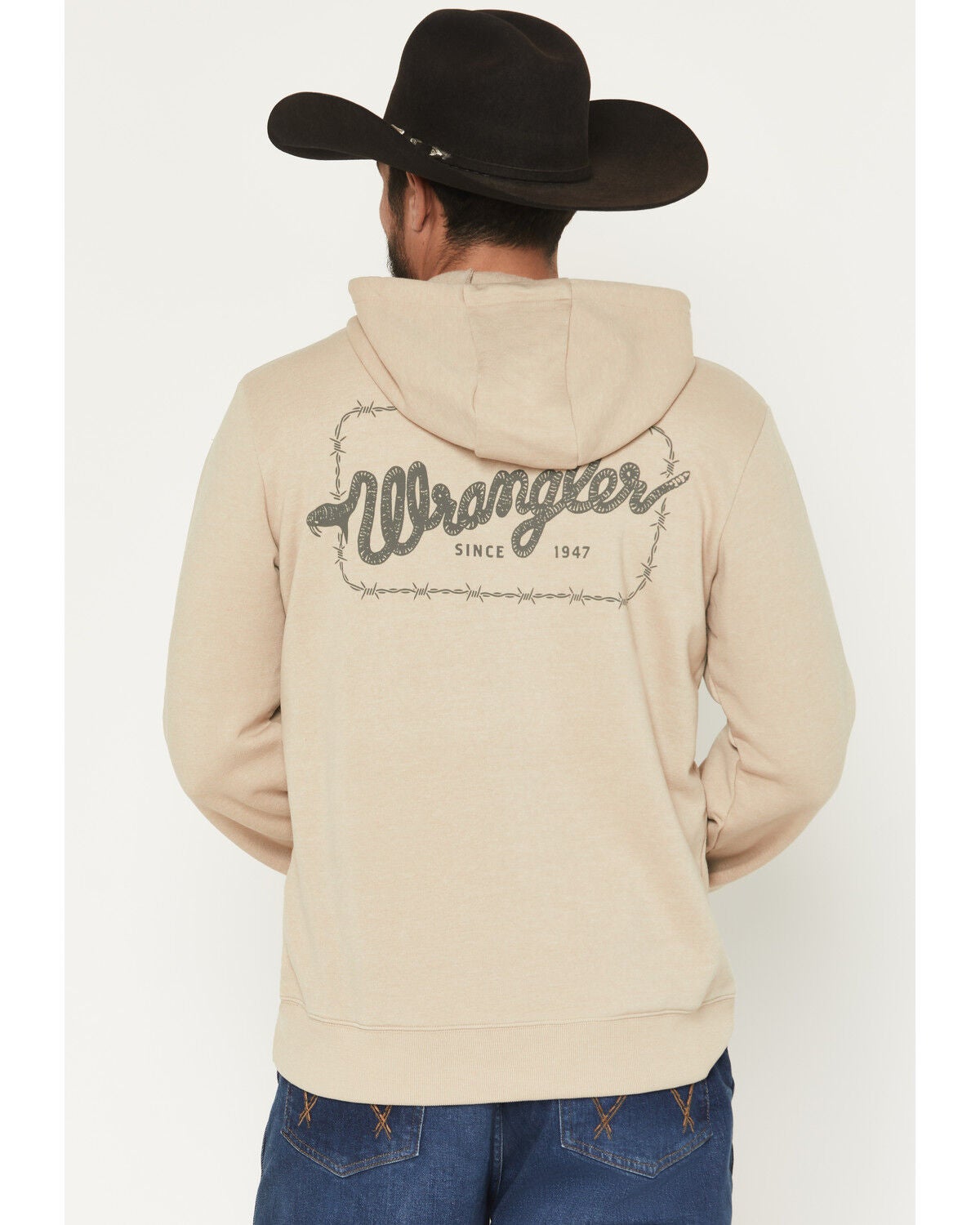 Image #1 - Wrangler Men's Boot Barn Exclusive Barbed Wire Logo Graphic Hooded Sweatshirt, Tan, hi-res