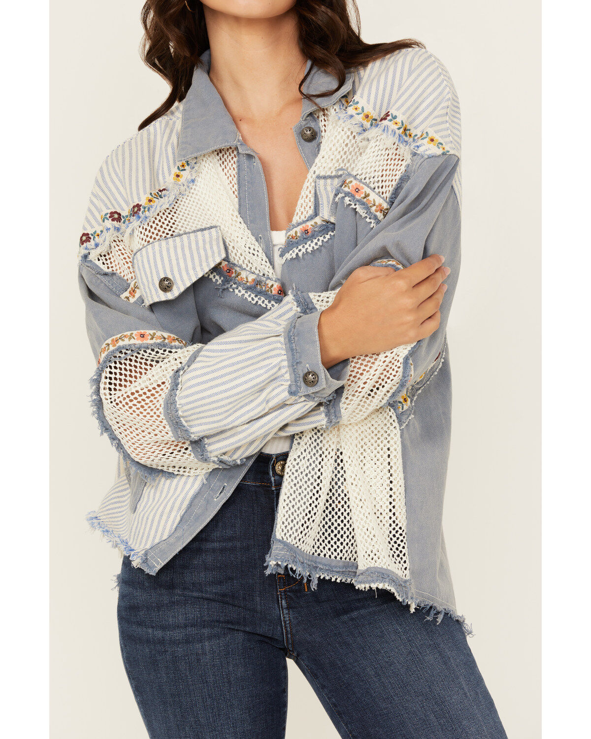 Product Name:  People Of Leisure Women's Patchwork Floral Long Sleeve Button-Down Shirt