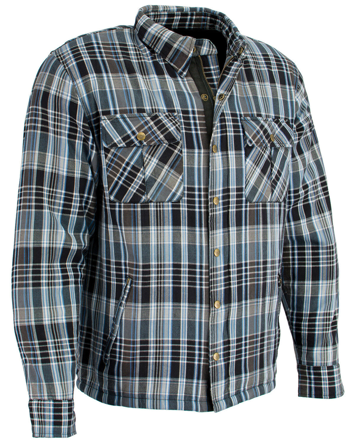 Image #6 - Milwaukee Performance Men's Black/White/Blue Aramid Flannel Biker Shirt, Black/blue, hi-res