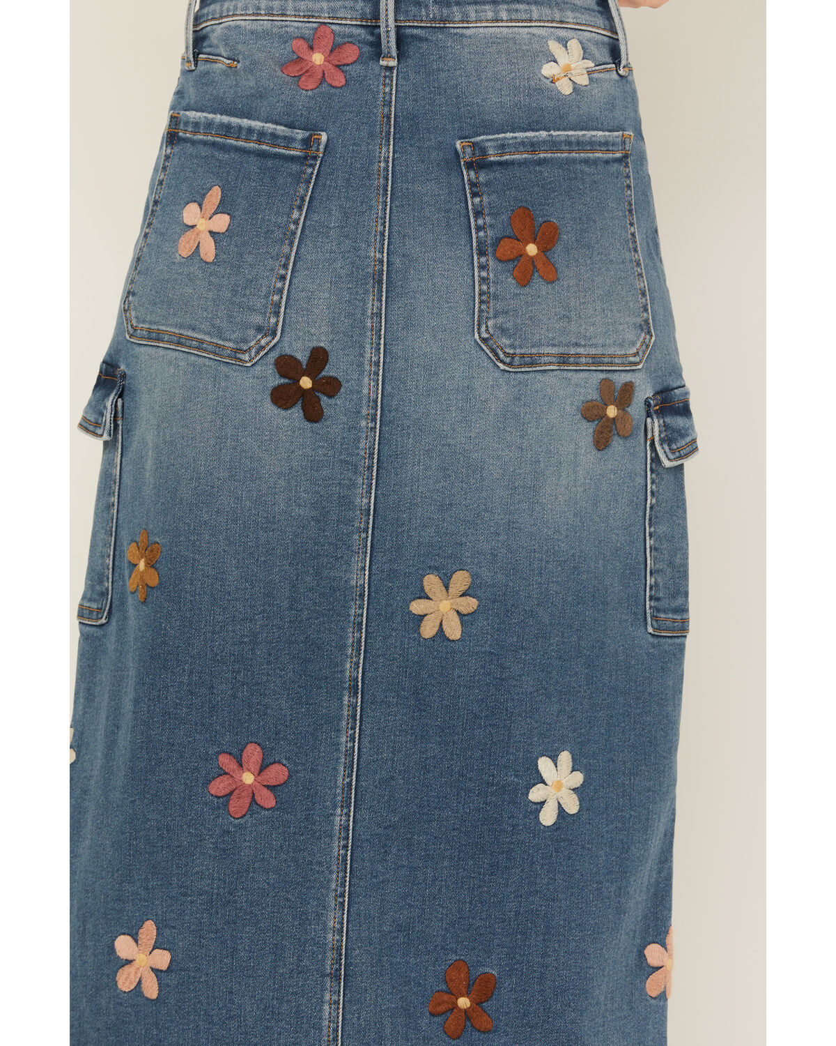 Image #4 - Driftwood Women's Medium Wash Floral Embroidered Denim Cargo Midi Skirt, Dark Wash, hi-res