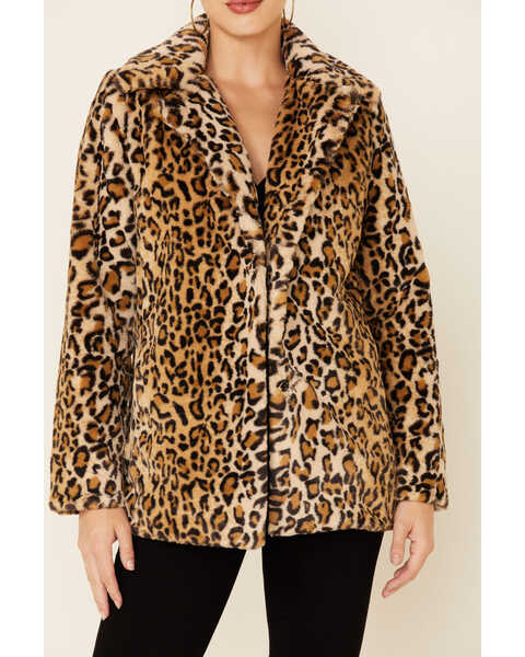 Shyanne Women's Cheetah Print Faux Fur Snap-Front Long Jacket , Tan, hi-res