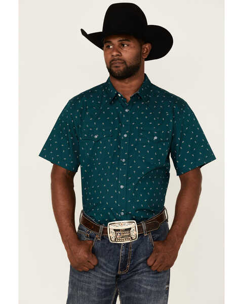 Cody James Men's Marlin Geo Print Short Sleeve Snap Western Shirt , Teal, hi-res