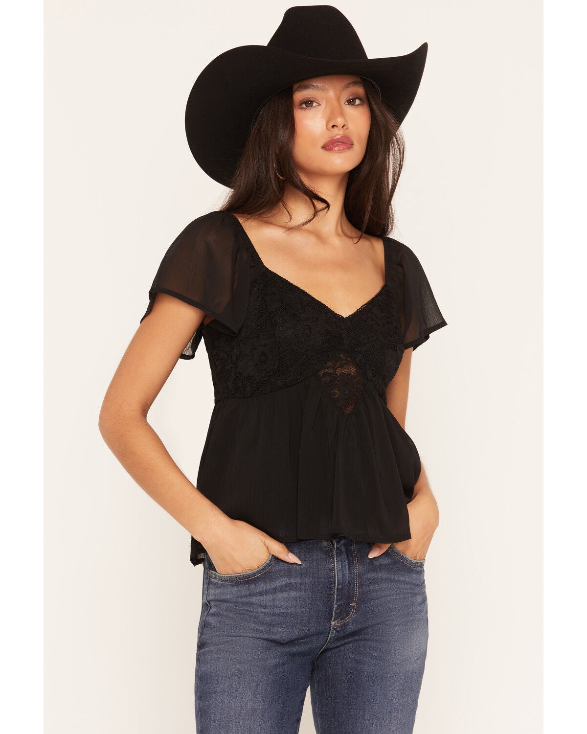 Image #1 - Ash & Violet Women's Short Sleeve Lace Inset Top, Black, hi-res
