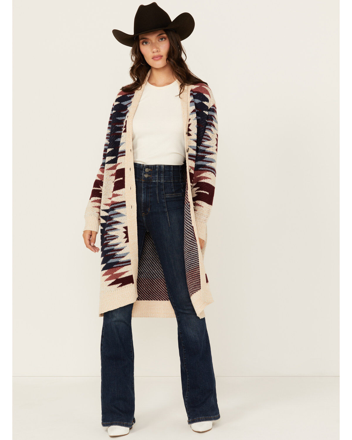Image #1 - Shyanne Women's Southwestern Print Long Sleeve Button-Down Long Cardigan, Beige, hi-res