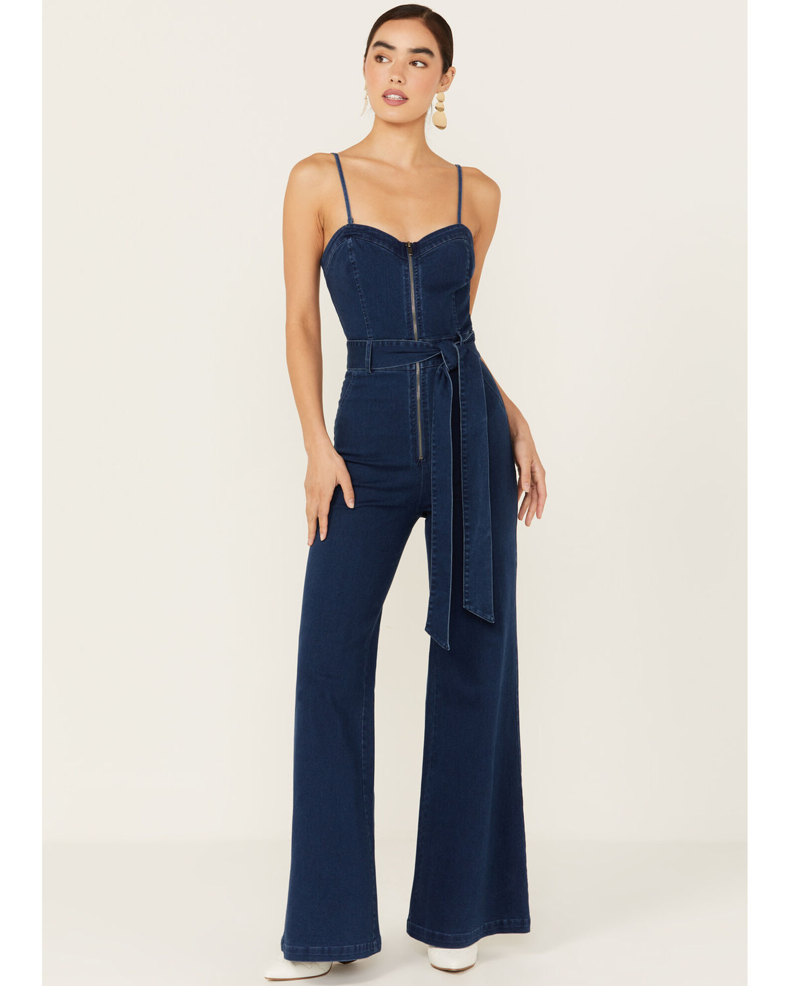 Jumpsuits, Denim Zip Front Belted Flared Jumpsuit