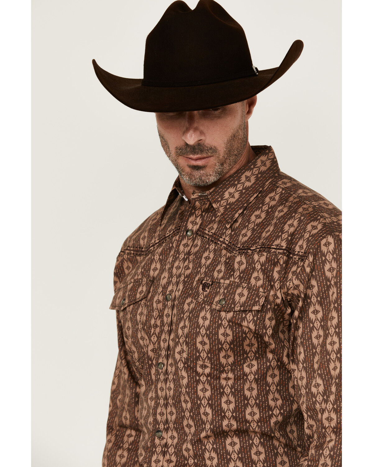 Image #2 - Cowboy Hardware Men's Southwestern Print Long Sleeve Snap Stretch Western Shirt, Chocolate, hi-res