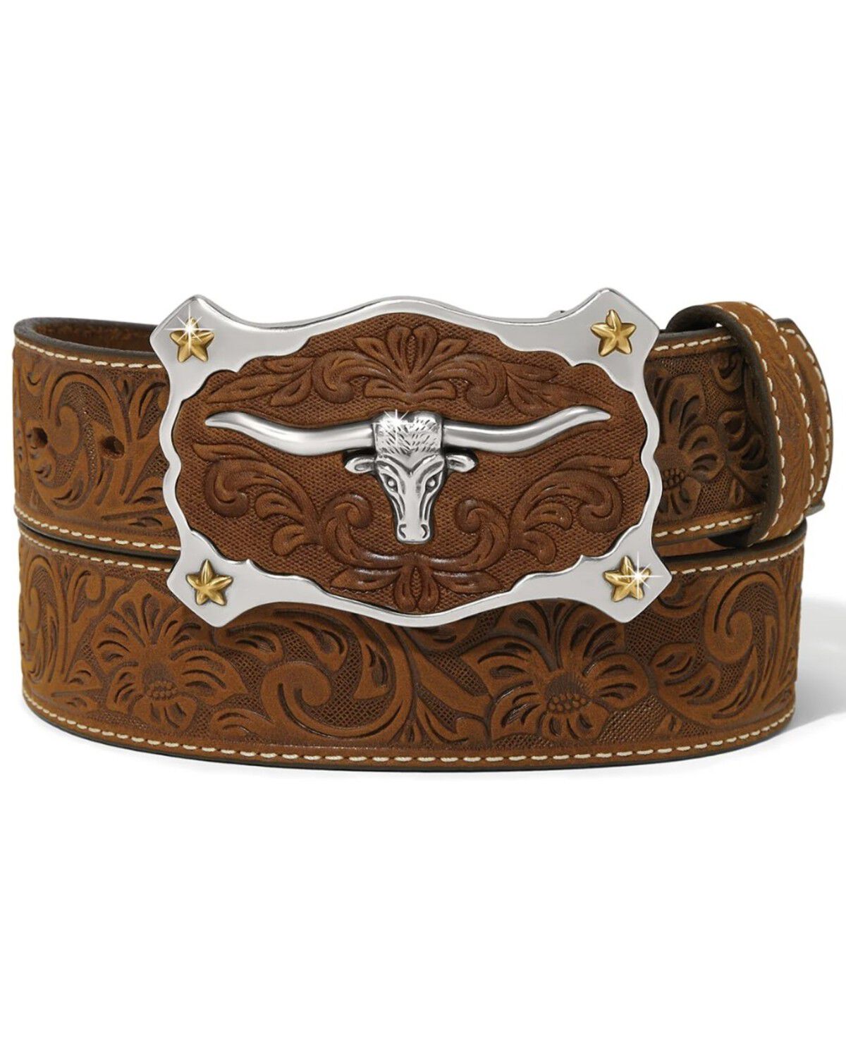 Image #1 - Tony Lama Men's Classic Long Horn Tooled Belt, Bark, hi-res