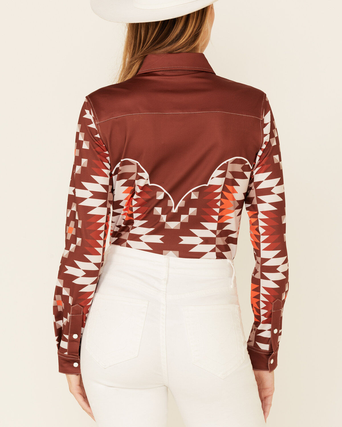 Image #3 - Ranch Dress'n Women's Southwestern Bandera Print Long Sleeve Snap Western Shirt, Rust Copper, hi-res