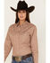 Rough Stock by Panhandle Women's Geo Print Long Sleeve Snap Western Shirt, Taupe, hi-res