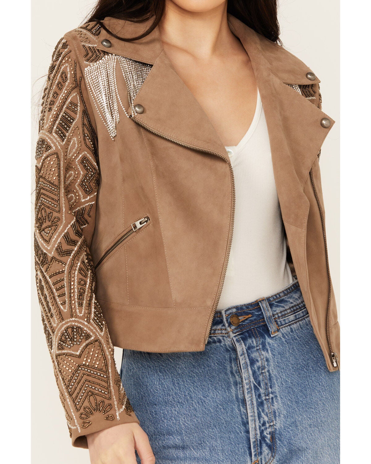 Image #2 - Wonderwest Women's Mountain Trail Embellished Suede Moto Jacket, , hi-res
