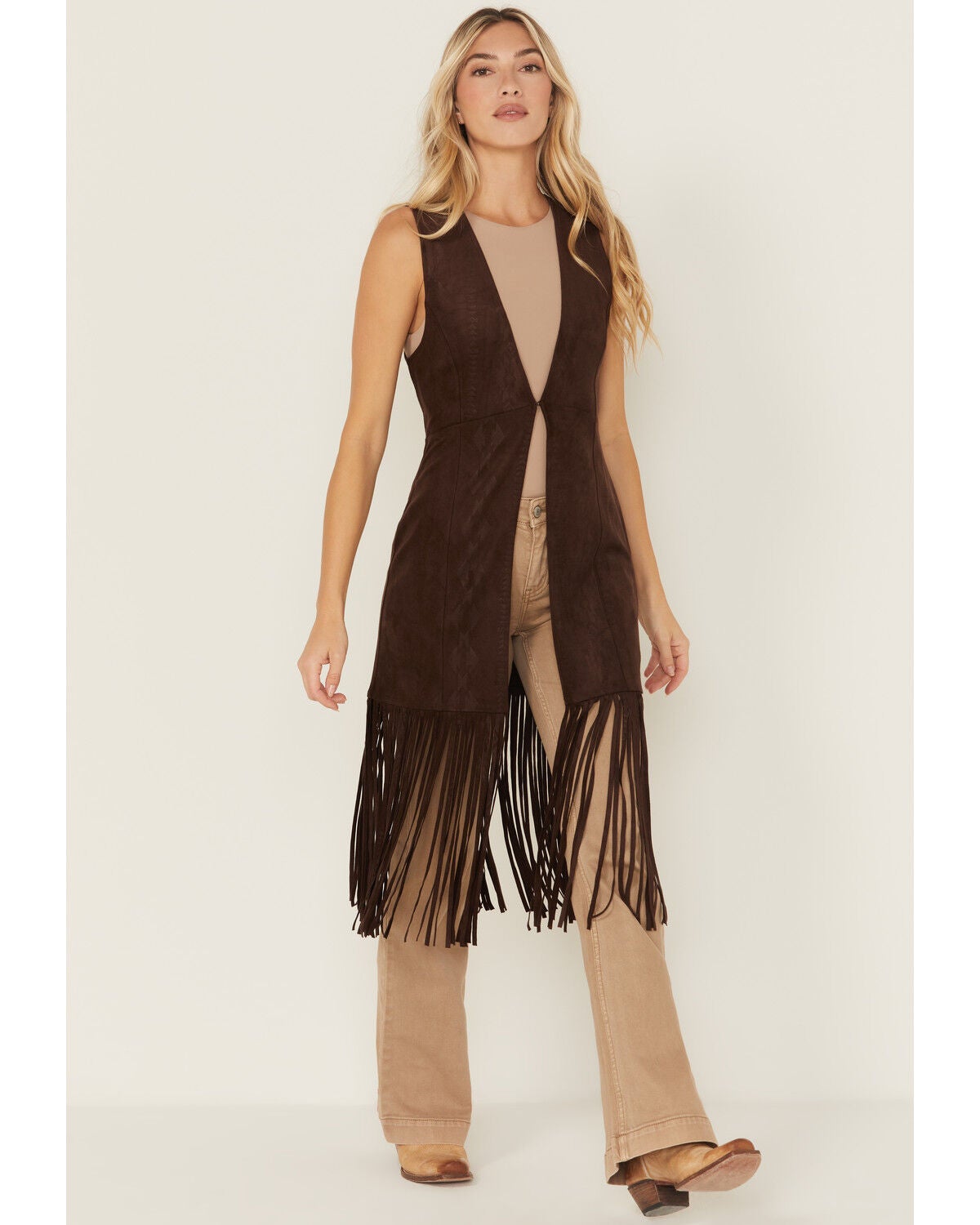 Shyanne Women's Embossed Southwestern Print Fringe Faux Suede Vest, Dark Brown, hi-res