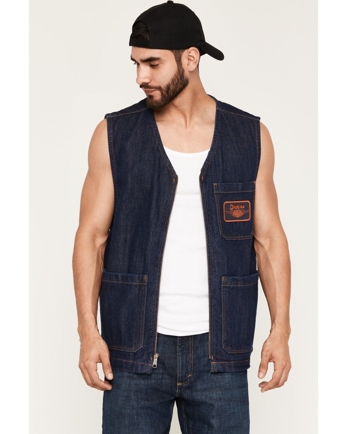Dickies X Harley Davidson Men's Dark Wash Zip-Up Denim Vest, Dark Wash, hi-res