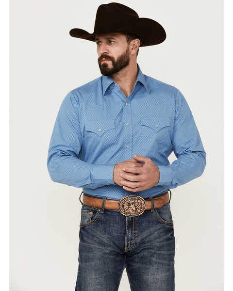 Image #1 - Ely Walker Men's Geo Print Long Sleeve Pearl Snap Western Shirt, Blue, hi-res