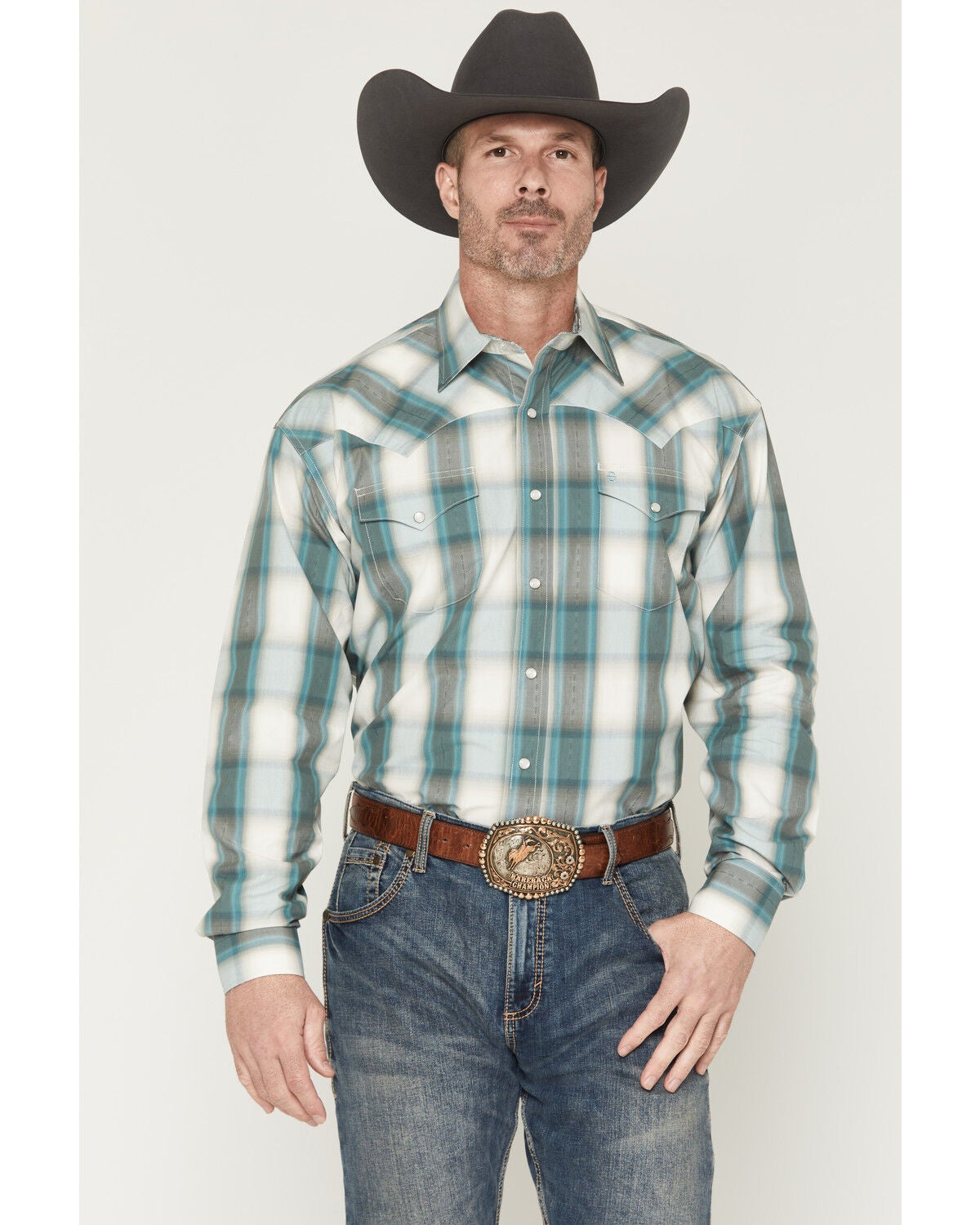 Image #1 - Stetson Men's Dobby Plaid Print Long Sleeve Snap Western Shirt, Blue, hi-res