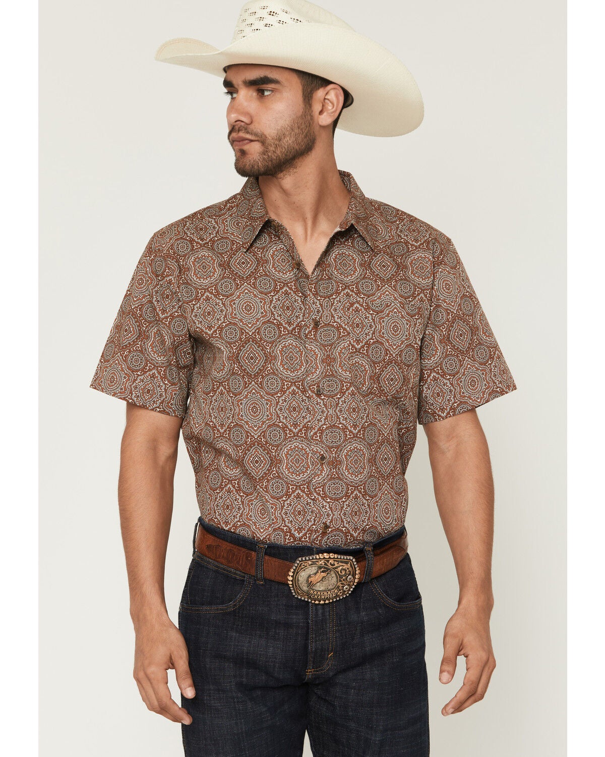 Image #1 - Gibson Trading Co Men's Sundown Drapes Medallion Print Short Sleeve Button-Down Western Shirt, Rust Copper, hi-res