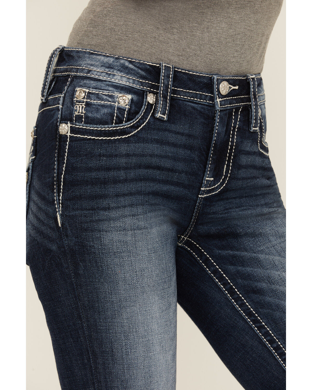Product Name:  Miss Me Women's Dark Wash Mid Rise Wing Pocket Bootcut Stretch Denim Jeans