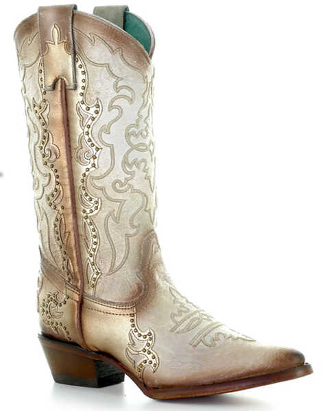 Corral Women's Studded Overlay Western Boots - Pointed Toe, White, hi-res