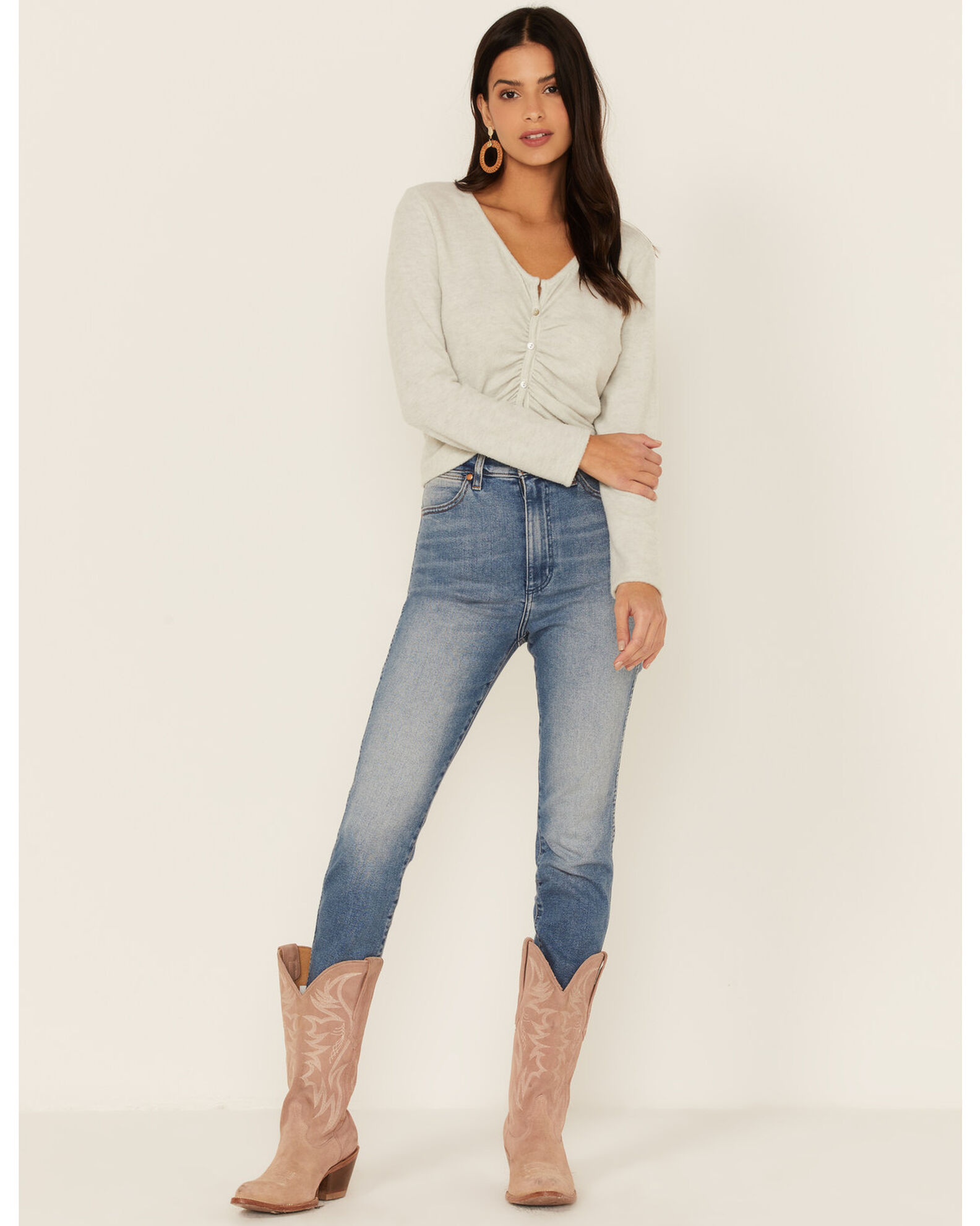 Image #4 - Wild Moss Women's Long Sleeve Super Soft Button Cinch Front Knit Top, Grey, hi-res