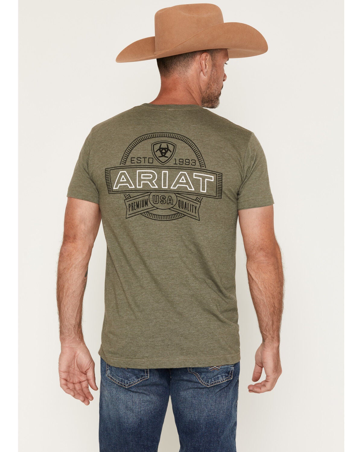 Image #1 - Ariat Men's Boot Barn Exclusive Logo Short Sleeve Graphic T-Shirt, Olive, hi-res