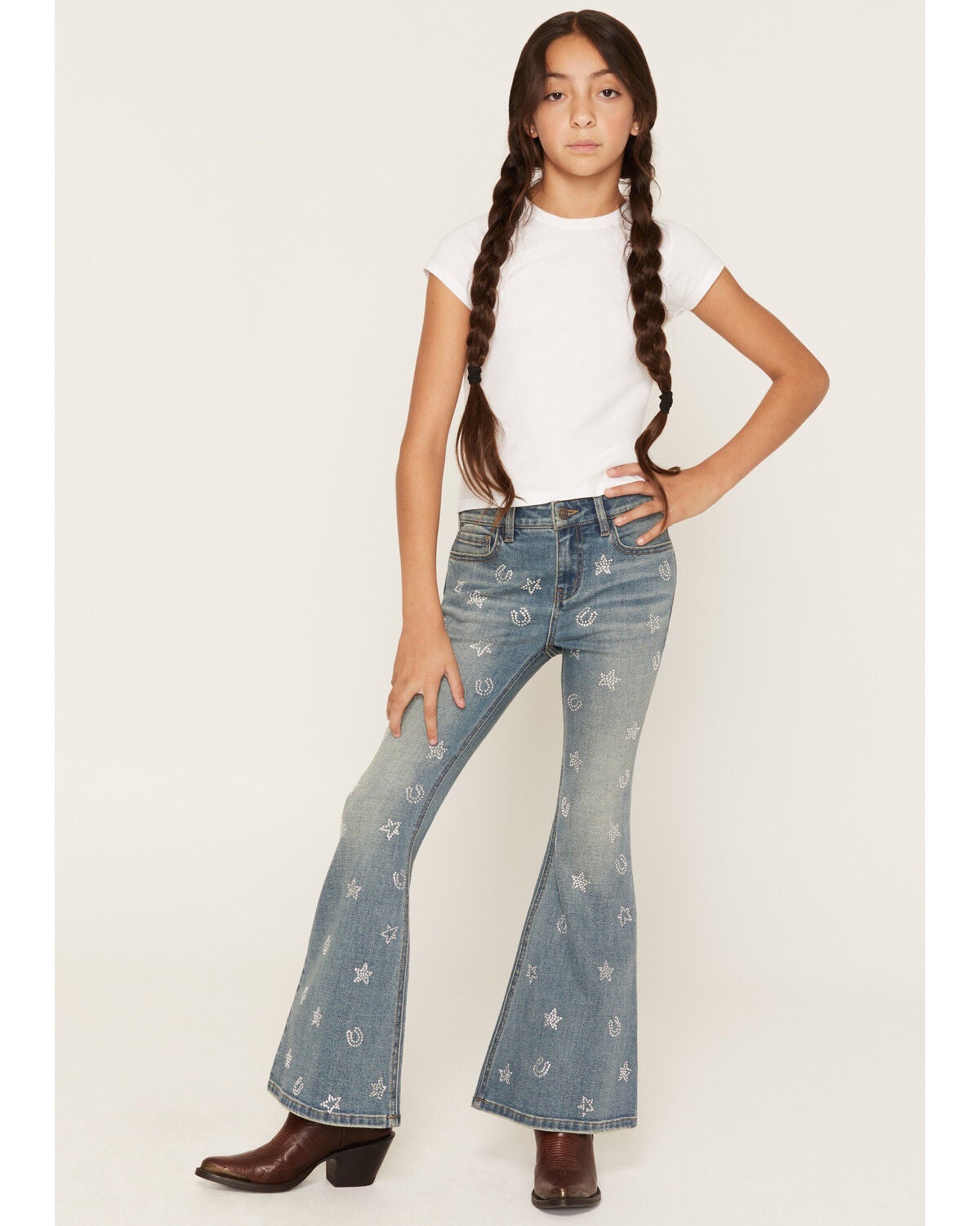 Image #1 - Shyanne Girls' Amber Dark Wash Rhinestone Embellished Lacey Flare Stretch Denim Jeans, Dark Wash, hi-res