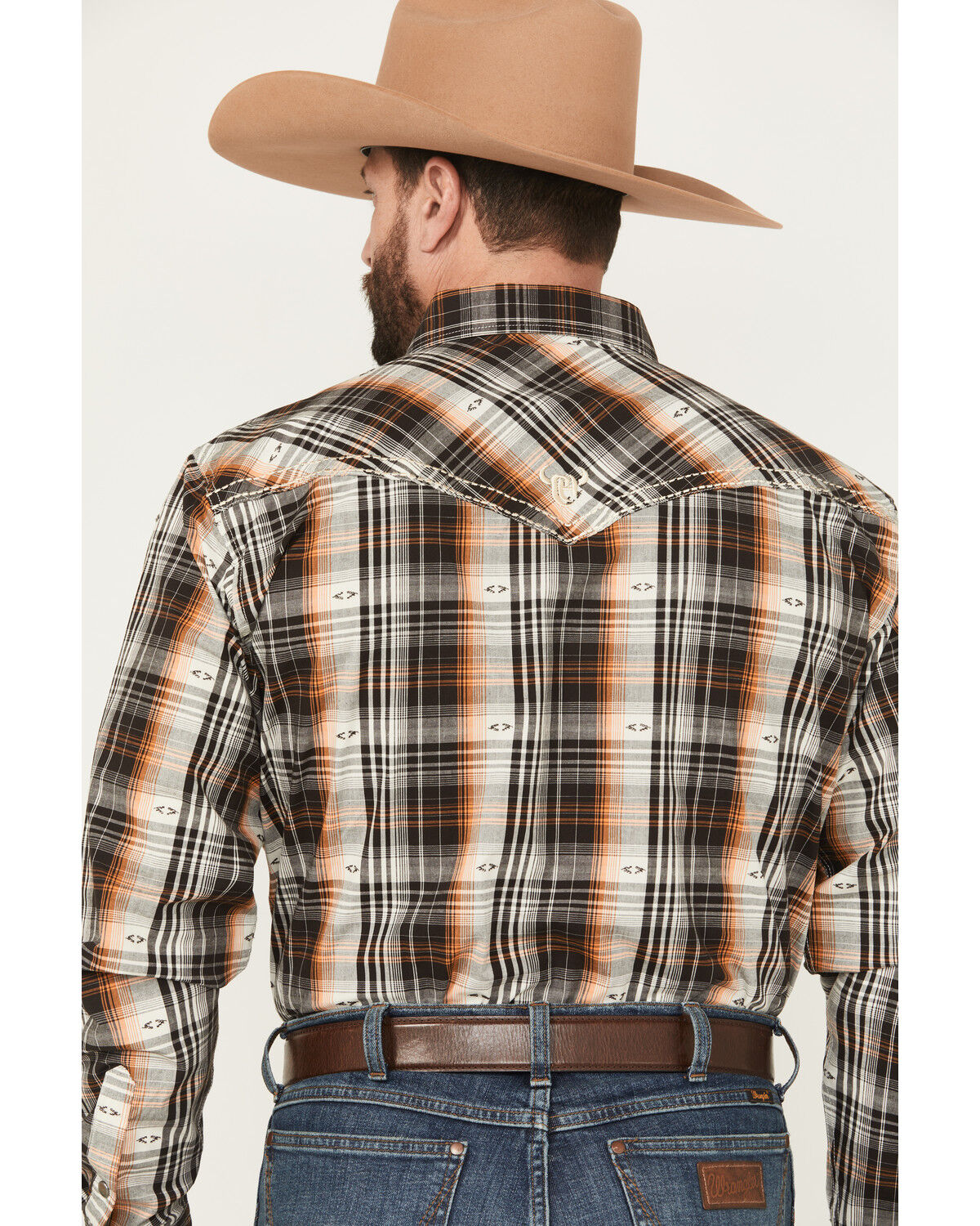 Image #4 - Cowboy Hardware Men's Plaid Print Long Sleeve Snap Stretch Western Shirt, Dark Brown, hi-res