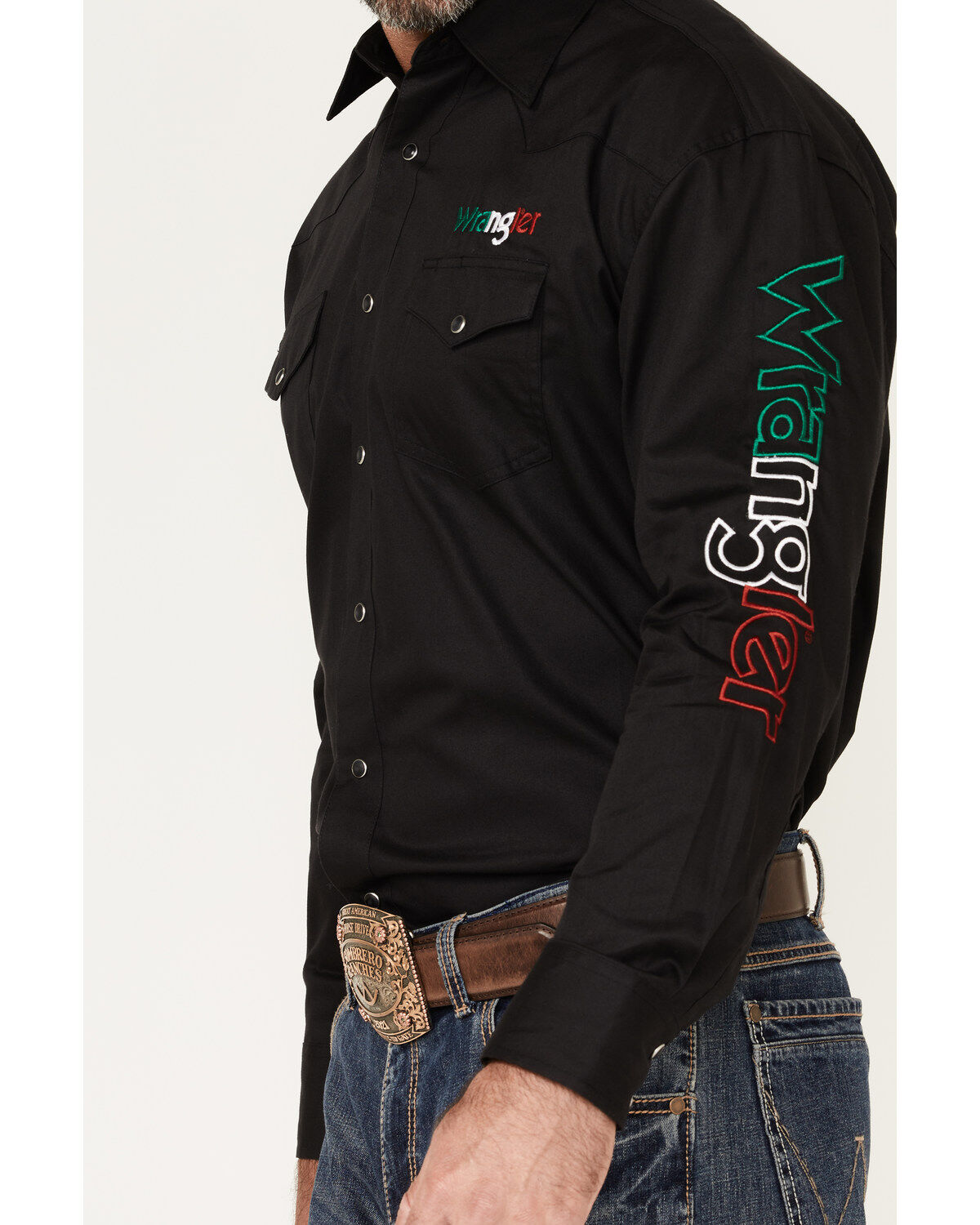 Image #2 - Wrangler Men's Mexico Logo Snap Western Shirt, Black, hi-res