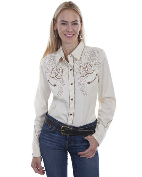 Western Scully Women's Horseshoe Long Sleeve Pearl Snap Western Shirt ...
