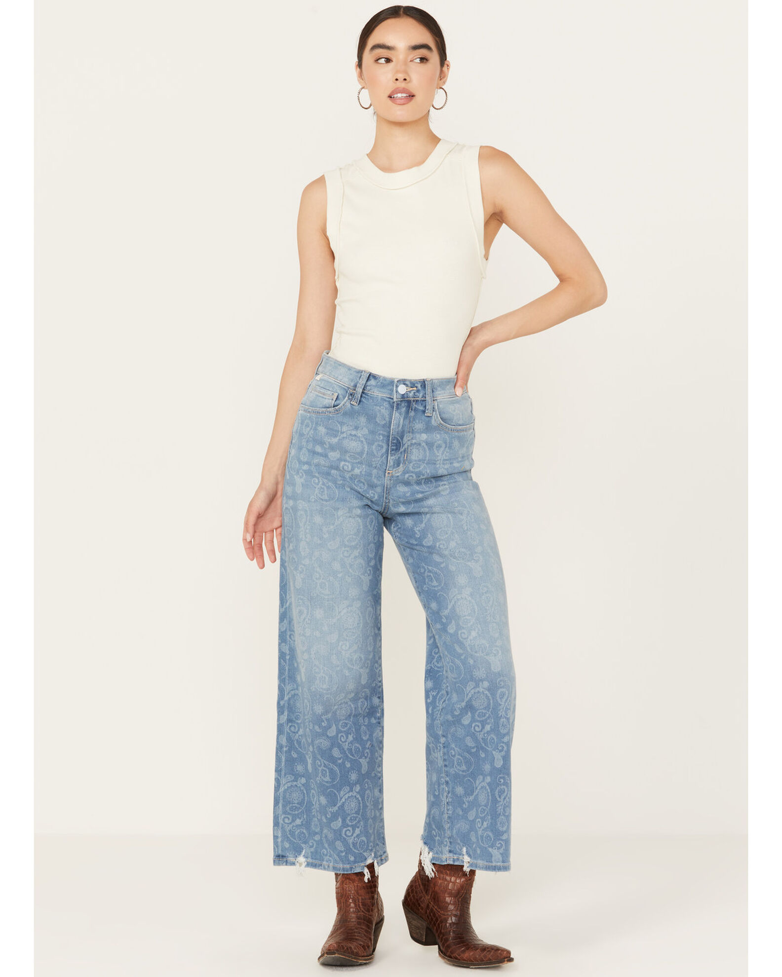 Ceros Women's Medium Wash High Rise Paisley Printed Wide Leg Straight