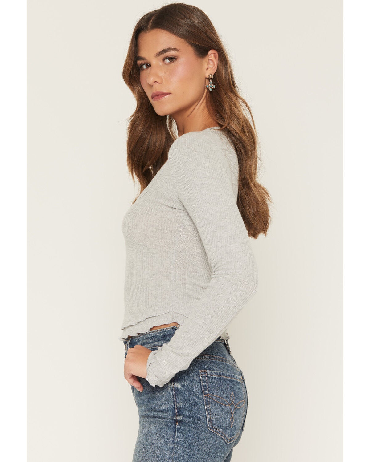 Image #2 - Wild Moss Women's Bow Long Sleeve Top, Grey, hi-res