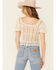 Very J Women's Open Weave Scallop Hem Short Sleeve Button-Down Crop Top , Natural, hi-res
