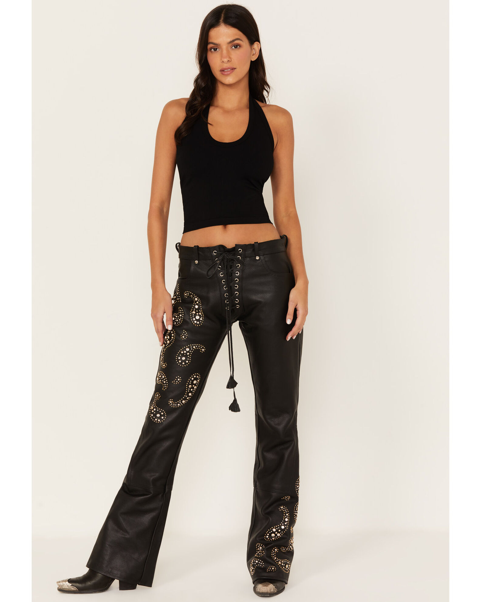 Boot Barn X Understated Leather Women's Rhinestone Studded Lace-Up Flare  Leather Pants