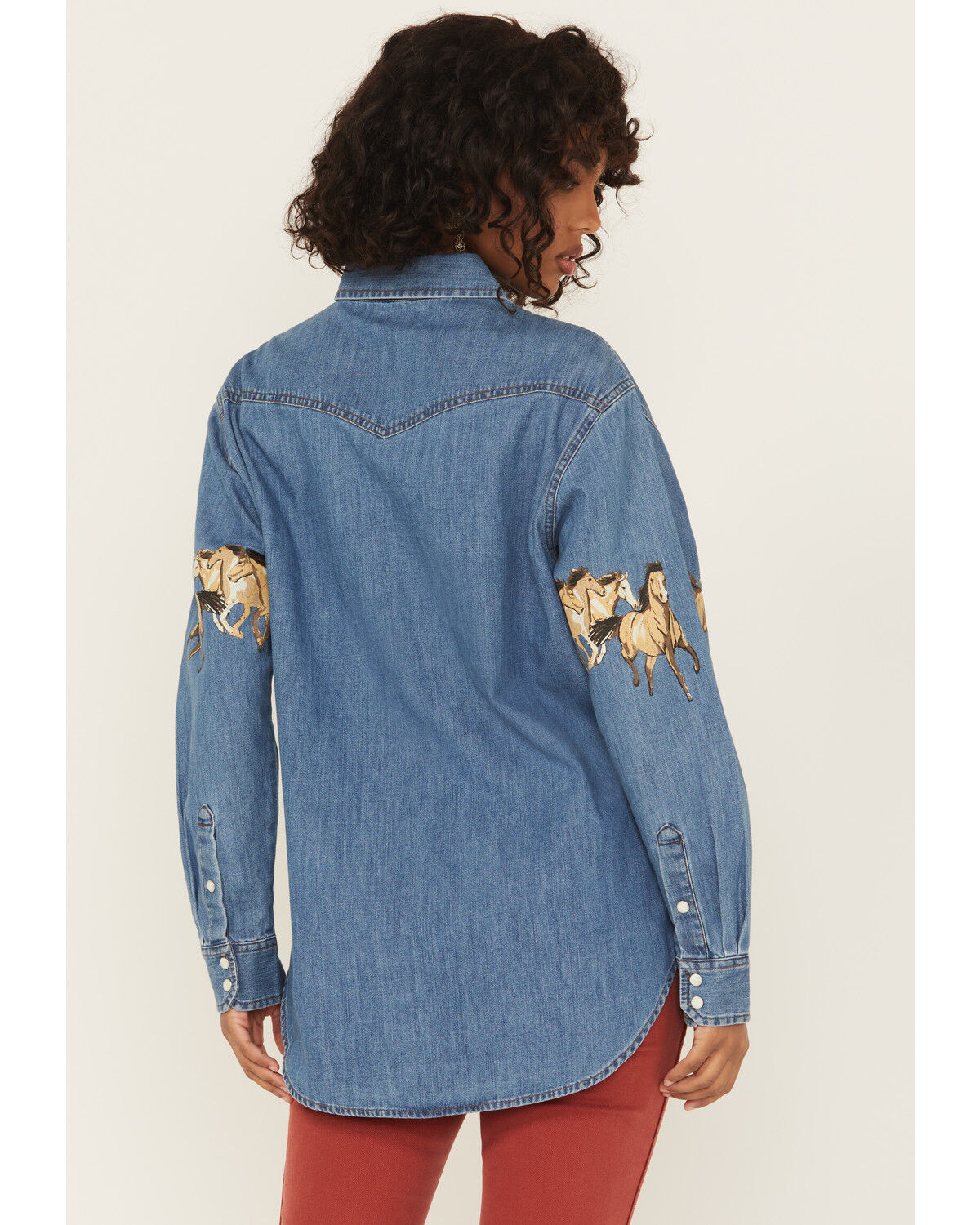 Image #4 - Wrangler Retro Women's Medium Wash Running Horse Denim Long Sleeve Snap Western Shirt, Dark Wash, hi-res