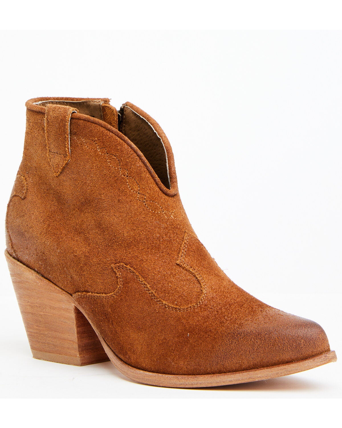 Shyanne Women's Jodi Suede Leather Booties - Round Toe, Cognac, hi-res