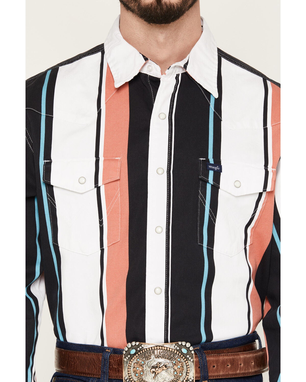Image #3 - Wrangler Men's Brushpopper Striped Long Sleeve Snap Western Shirt, Black, hi-res
