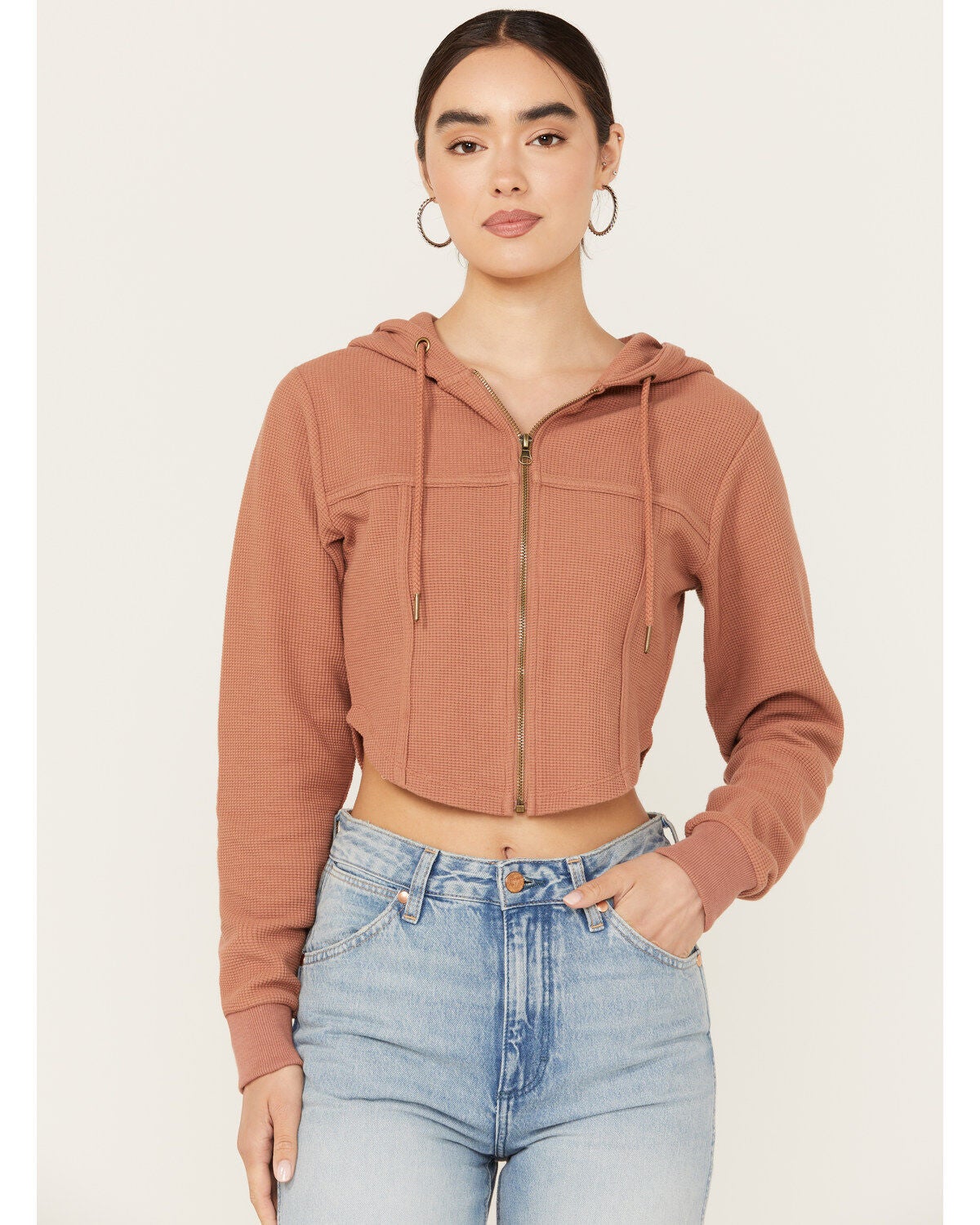 Cleo + Wolf Women's Corset Cropped Hoodie, Lt Brown, hi-res