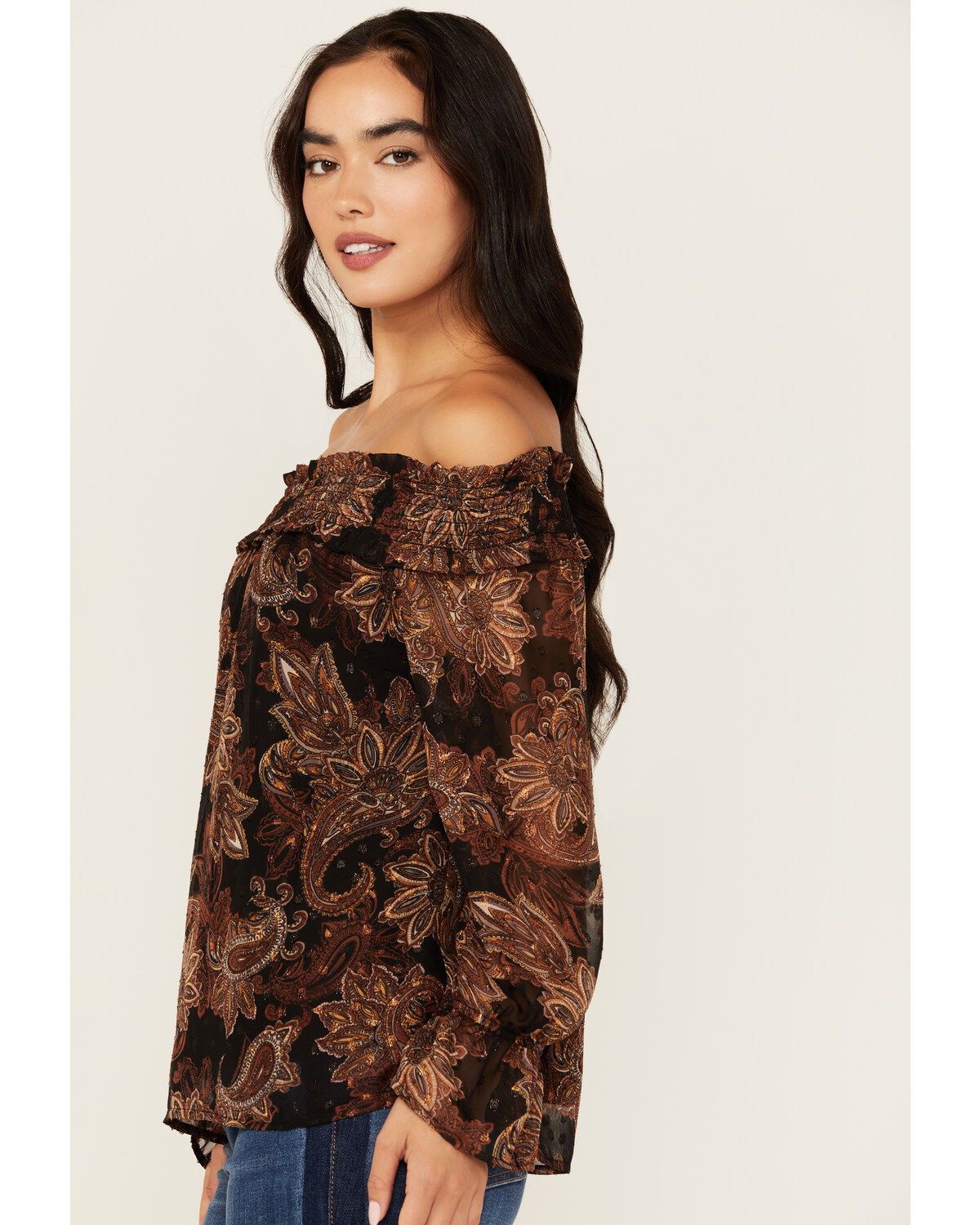 Image #2 - Wild Moss Women's Floral Pais Off The Shoulder Long Sleeve Top, Dark Brown, hi-res