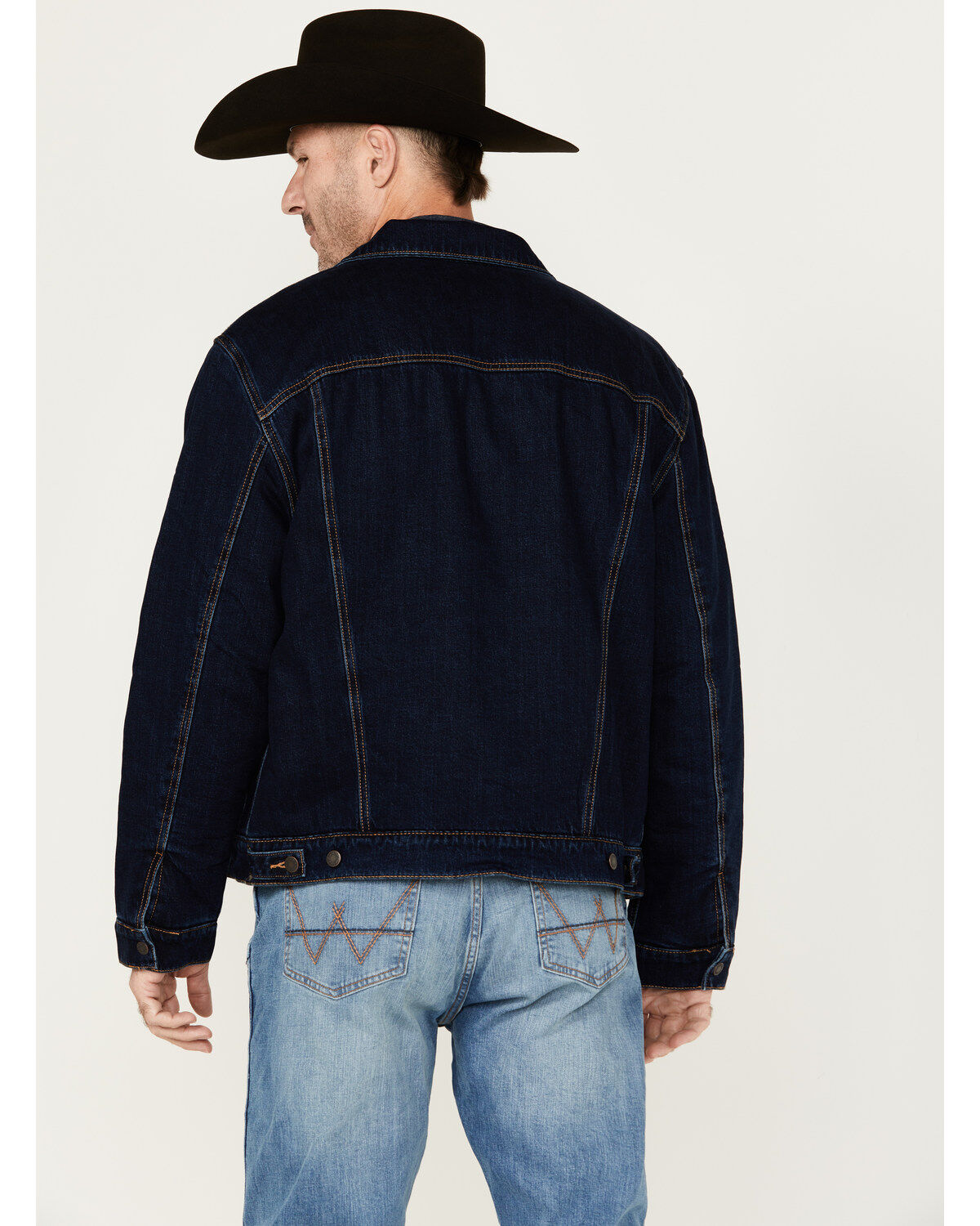 Image #4 - Wrangler Men's Vintage Sherpa Lined Trucker Jacket, Dark Blue, hi-res