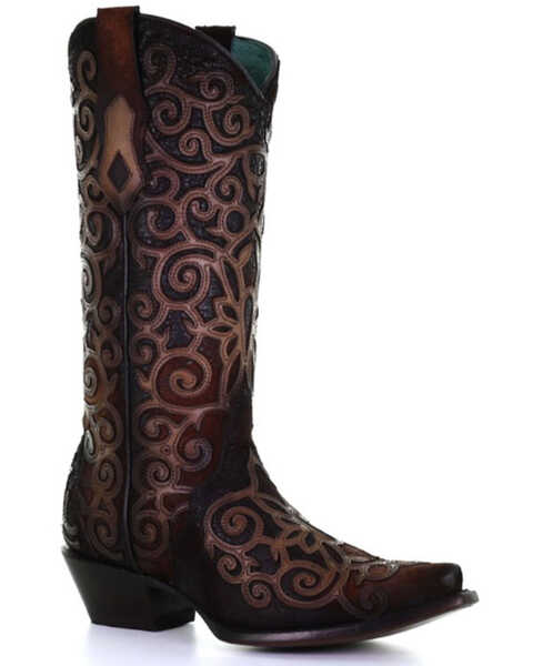 Corral Women's Leather Overlay & Embroidery Western Boots - Snip Toe, Chocolate, hi-res