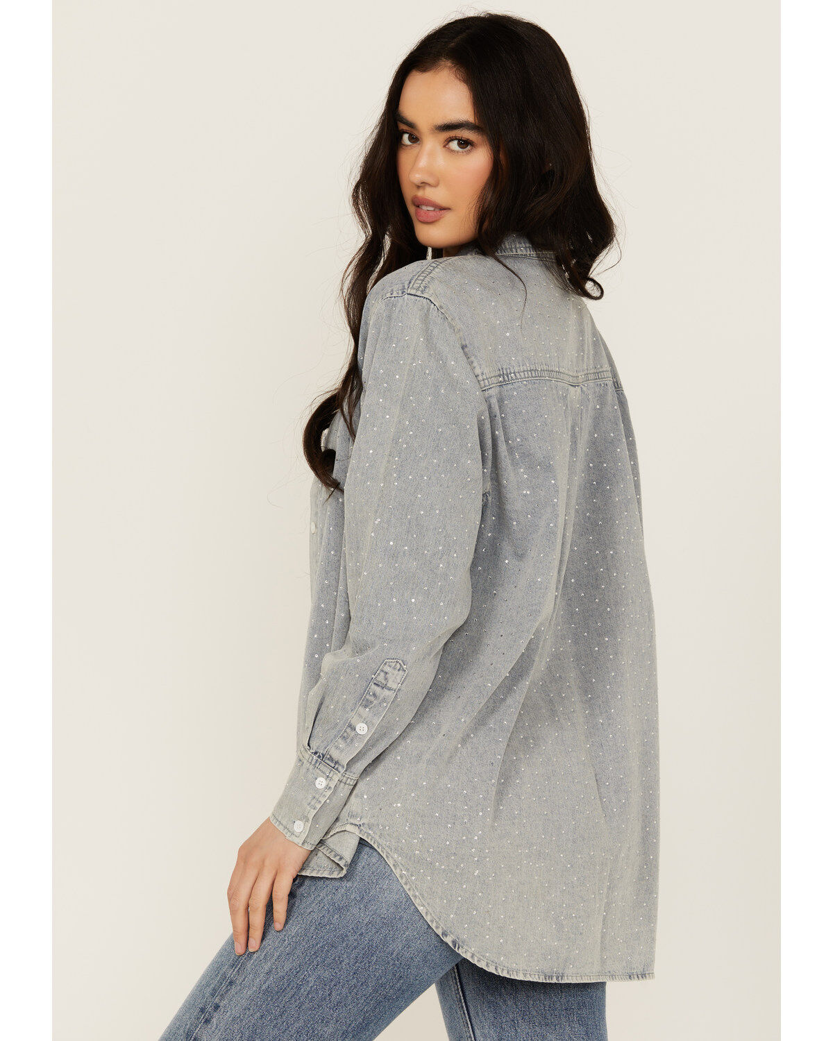 Blue B Women's Light Wash Rhinestone Long Sleeve Button-Down