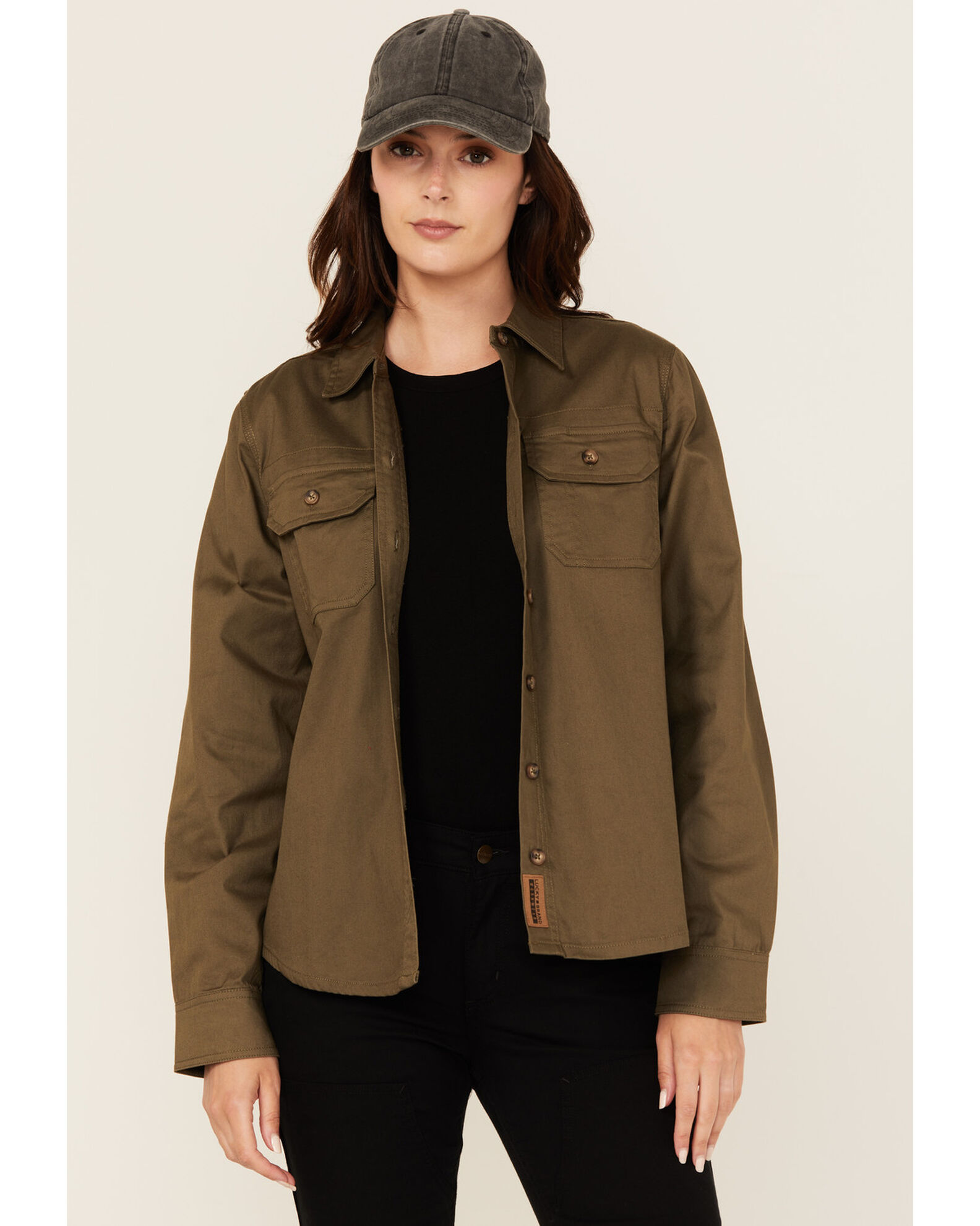Image #1 - Lucky Brand Workwear Women's Solid Twill Long Sleeve Button-Down Stretch Work Shirt, Olive, hi-res