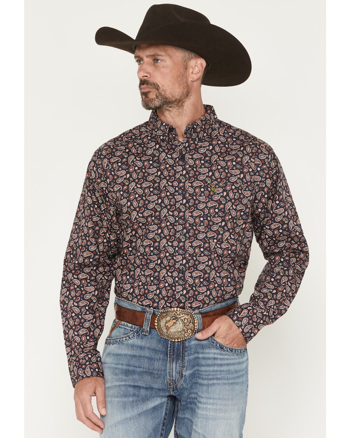 Ariat Men's Wallace Paisley Print Long Sleeve Button-Down Western Shirt, Navy, hi-res