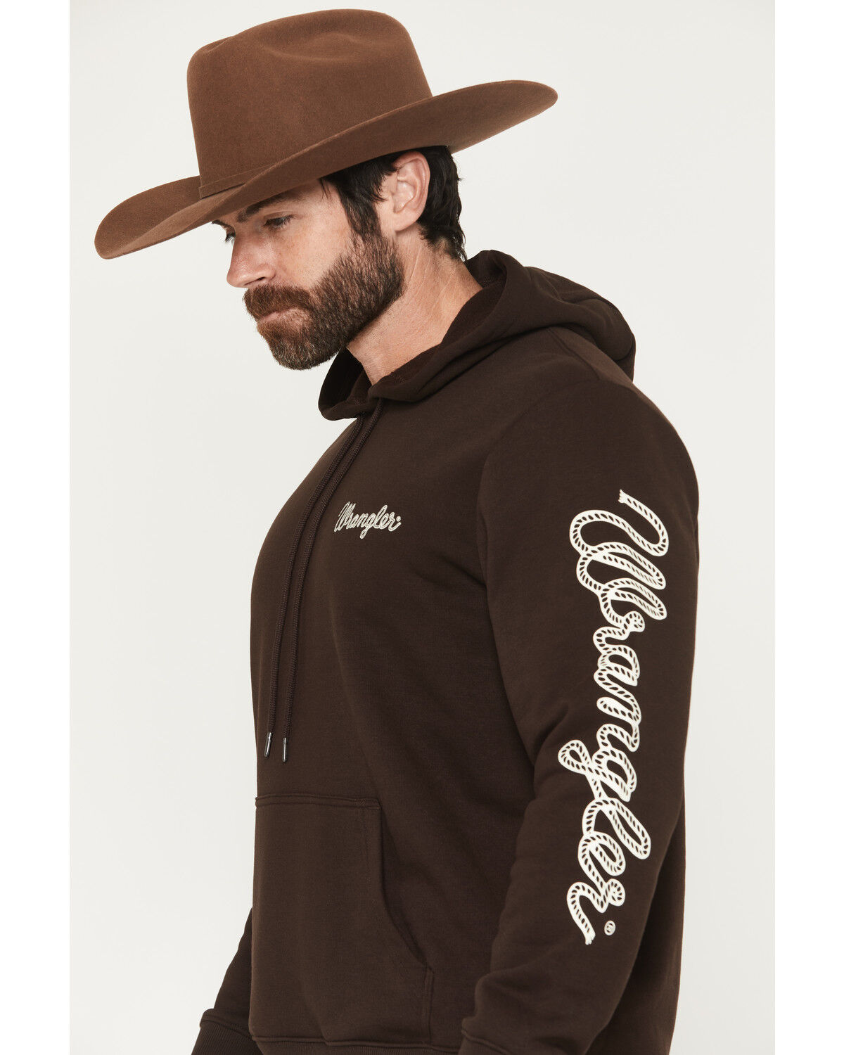 Image #2 - Wrangler Men's Rope Sleeve Logo Hooded Sweatshirt, Dark Brown, hi-res