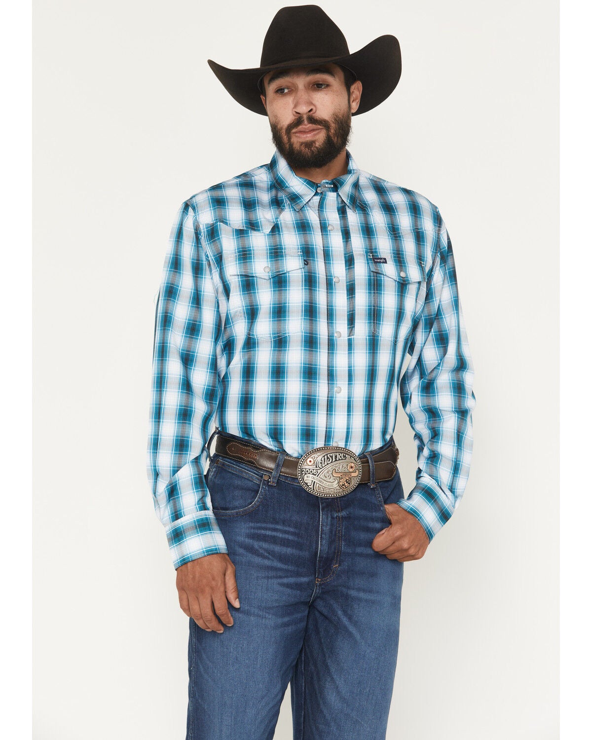 Wrangler Men's Plaid Print Long Sleeve Snap Performance Western Shirt, Teal, hi-res