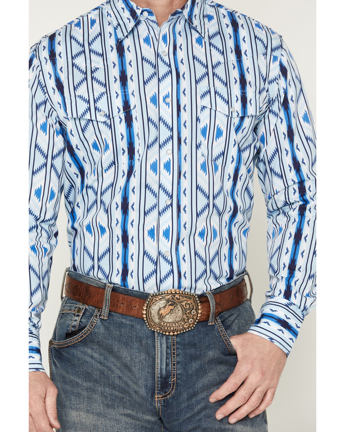 Image #3 - Wrangler Men's Checotah Southwestern Striped Long Sleeve Pearl Snap Western Shirt - Tall, Blue, hi-res