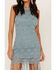 Shyanne Women's Yarn Crochet Fringe Trim Midi Dress, Light Blue, hi-res