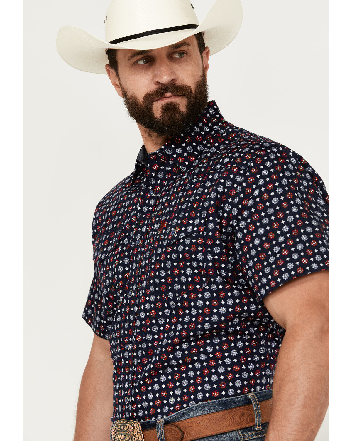 Image #3 - Rodeo Clothing Men's Medallion Print Short Sleeve Snap Western Shirt, Navy, hi-res