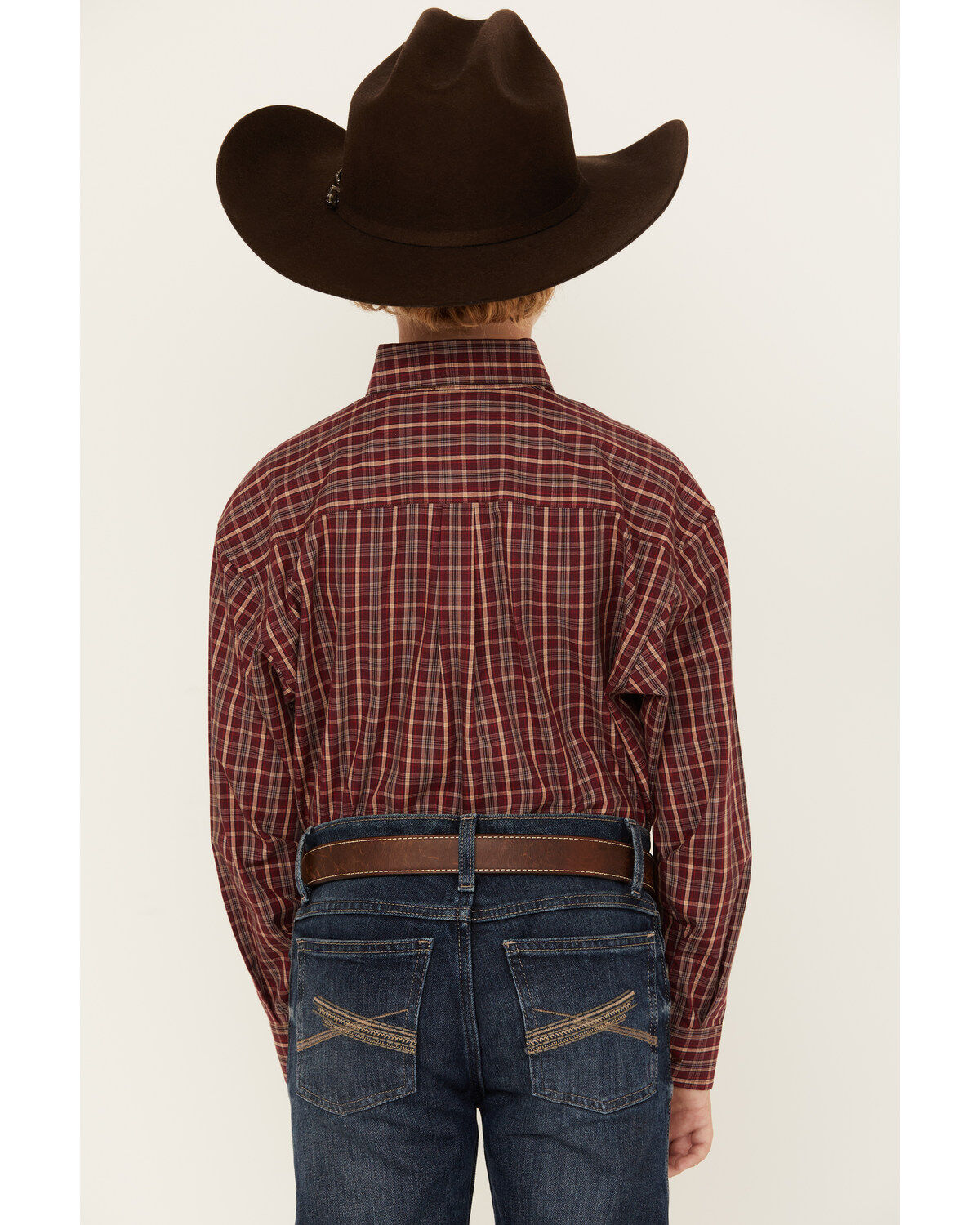 Image #4 - Panhandle Select Boys' Plaid Print Long Sleeve Button-Down Western Shirt, Burgundy, hi-res
