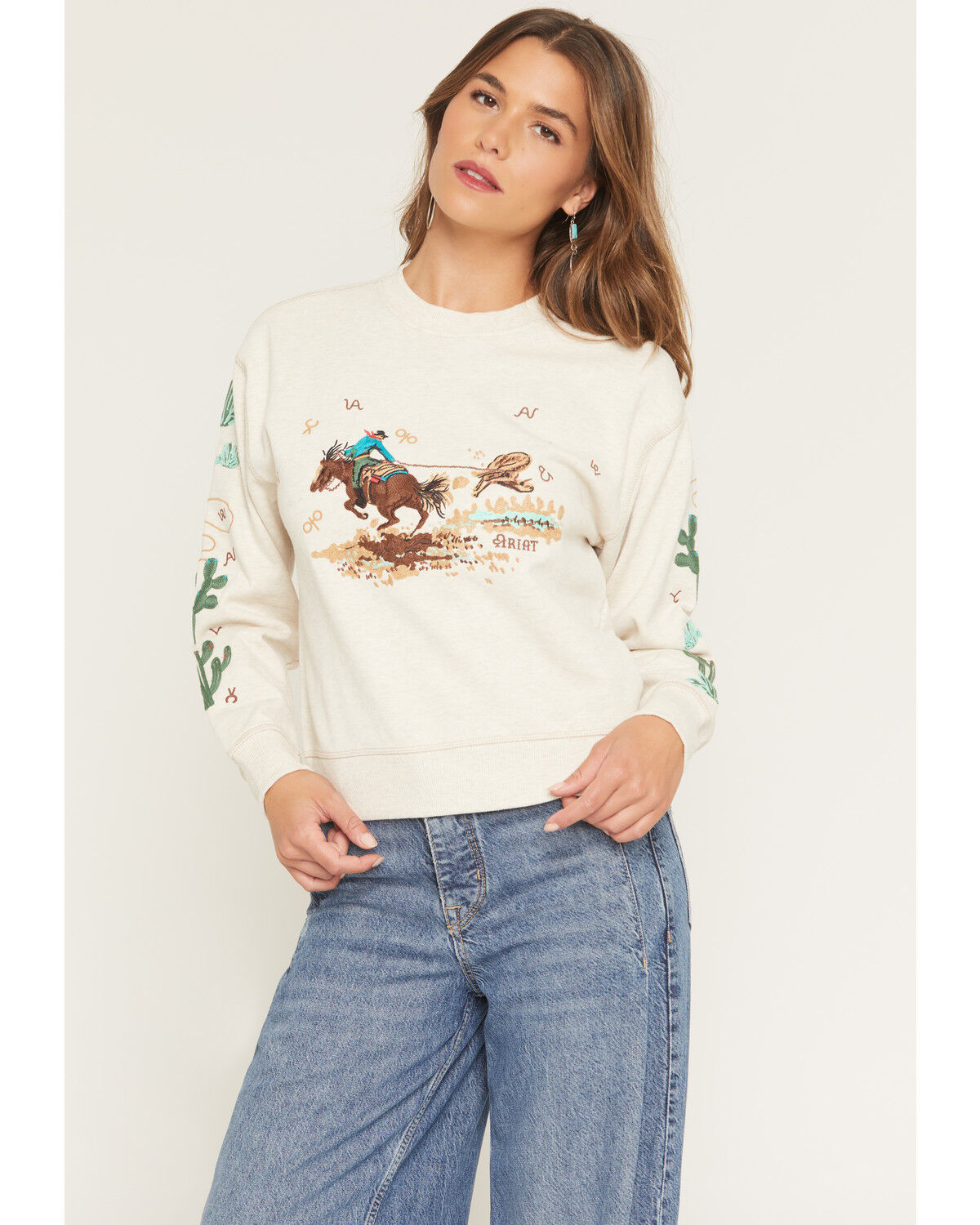 Image #1 - Ariat Women's Riata Embroidered Sweatshirt, Oatmeal, hi-res