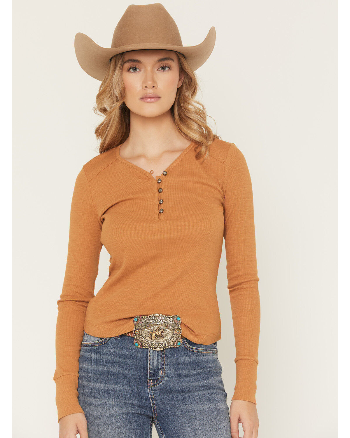Image #1 - Shyanne Women's Solid Ribbed Long Sleeve 1/4 Button-Down Tee, Pecan, hi-res