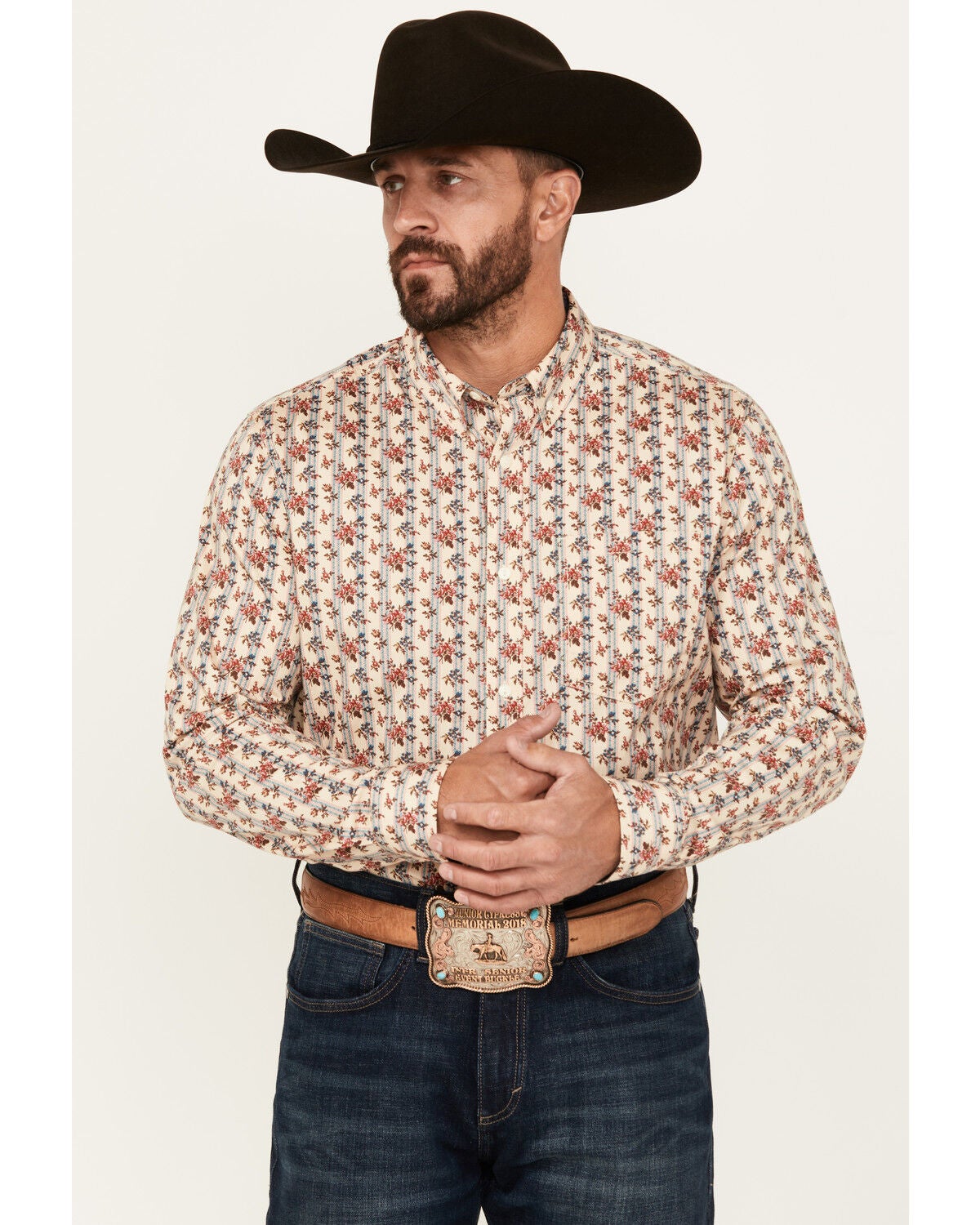 Cody James Men's Kenton Floral Striped Long Sleeve Button-Down Stretch Western Shirt, Cream, hi-res